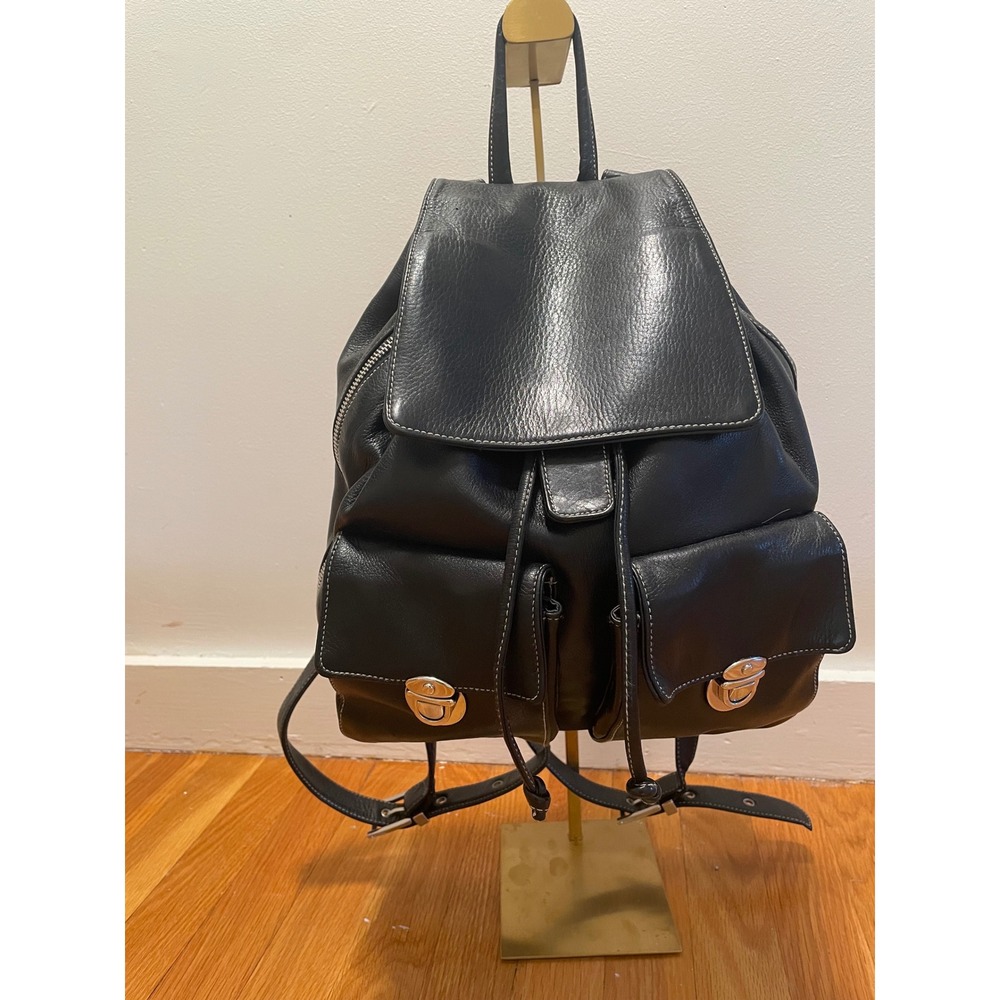 Perlina New York Black Leather Backpack Drawstring Flap Contrast Stitch Vintage